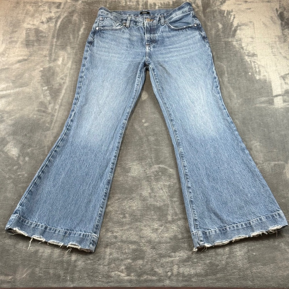 Express 70s Flare High Rise Jeans Blue Denim Frayed Hem 6R